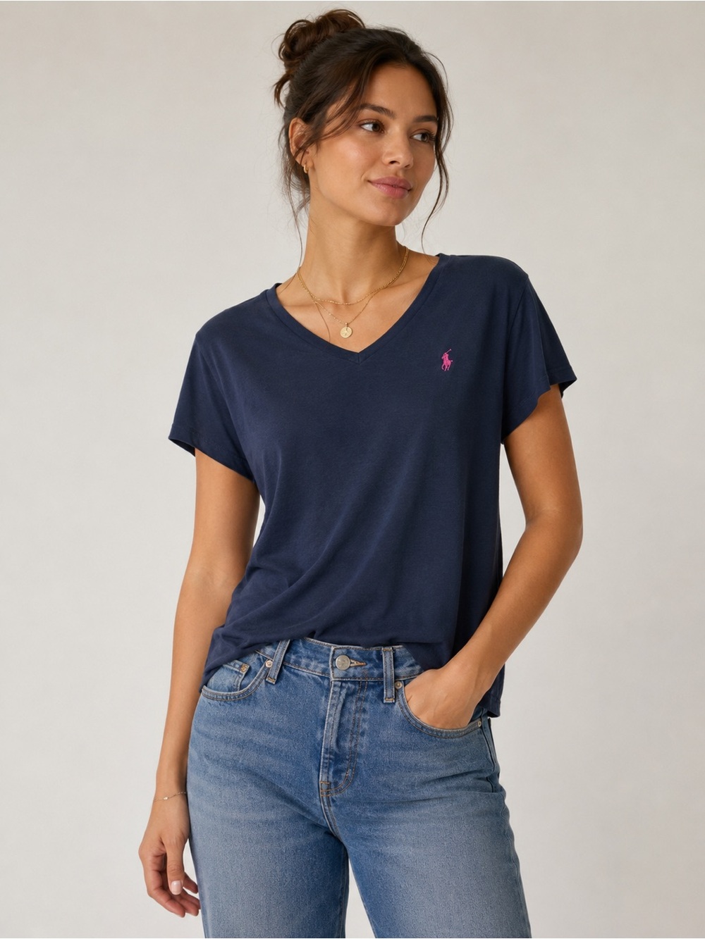 Polo by Ralph Lauren Navy V-Neck Tee with Pink Pony Logo